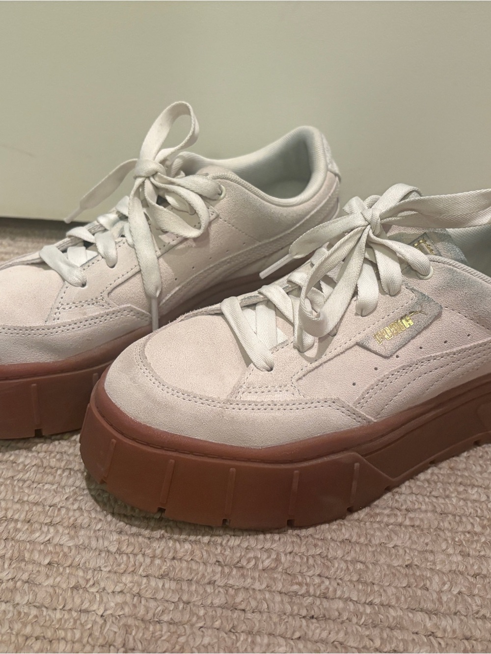 Puma Platform Suede Sneakers in Off-White with Gum Sole